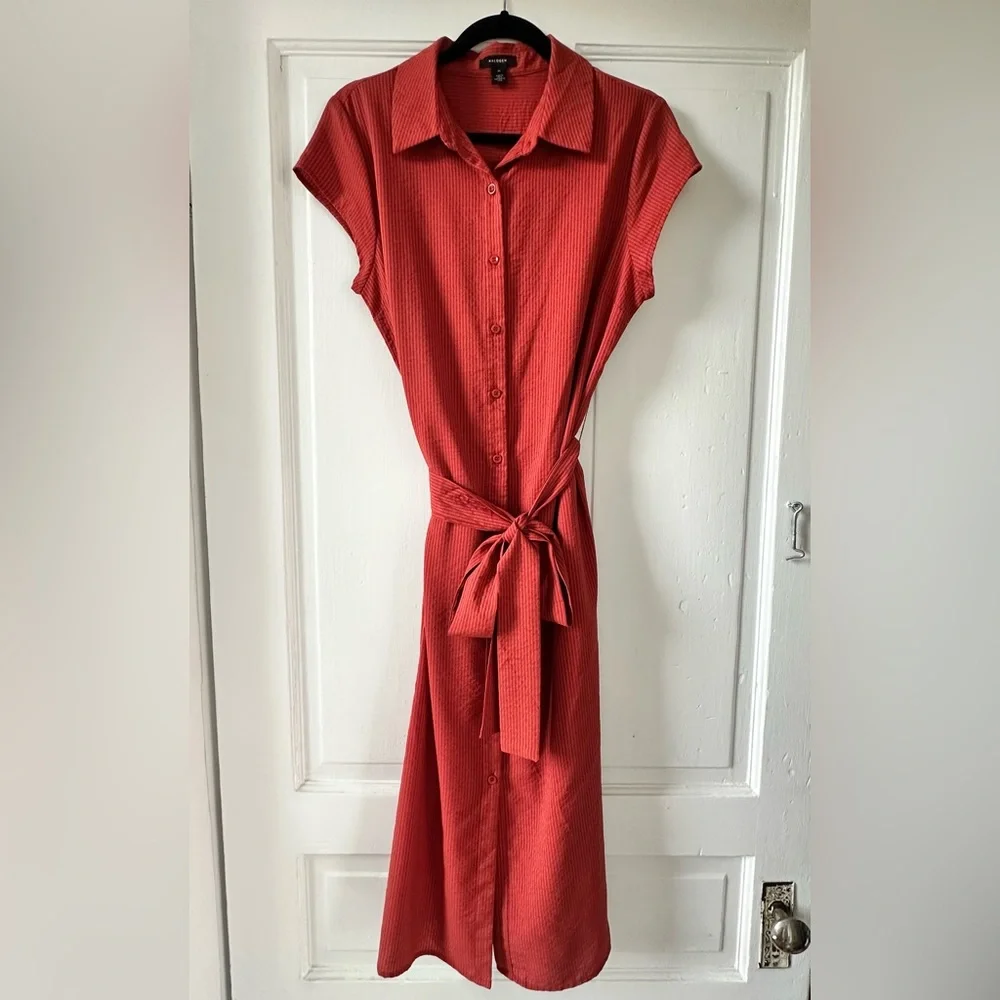 Halogen (Nordstrom) Orange Tie-waist Midi Shirt Dress NWOT - Picture 1 of 9